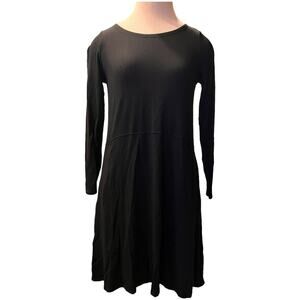 Eileen Fisher Petite Jewel Neck Curved Waist Swingy Dress Size PP Black Travel